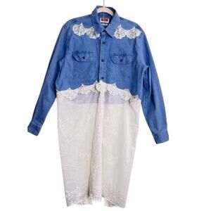 Wrangler Jean Jacket Upcycled Blue Denim and Lace Duster Kimono Dress Size M
